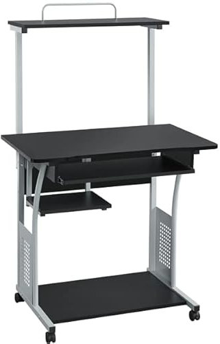 Abician Bureau Informatique à roulettes à 3 Niveaux, Table d'étude Vintage en Bois, Plateau pour Clavier, Étagère de Rangement, Maison, Bureau, École, Chambre Noir