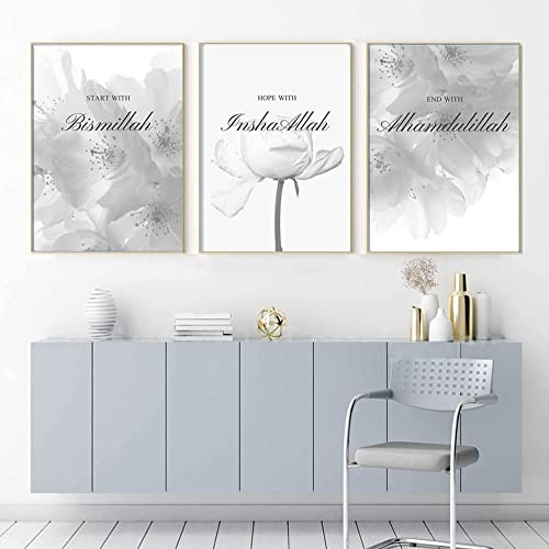 Youihom 3 Islamische Bilder Schlafzimmer Blumen Grau 40x50cm Wohnzimmer Poster Abstrakt Islam Bild Leinwand Minimalistisch Große Wandposter Wohnzimmer Modern ohne Rahmen