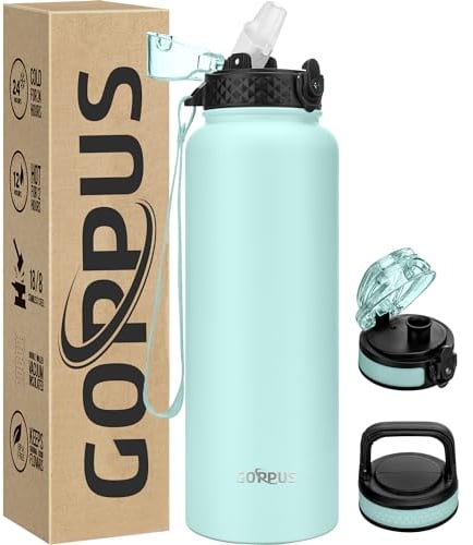 GOPPUS 1.2L/40oz Stainless Water Bottle with Straw Double Wall Insulated Bottles with Strap Large Vacuum Thermal Flask Leakproof Keep Cold Drinks Bottles with Flip Top Lid for Men Women BPA Free