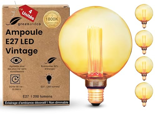 greenandco 4x dekorativ LED-glödlampa i vintage-stil | E27 G125 | Bärnsten | 4W 200lm | 1800K Extra varmvitt | 320° | 230V | Flimmerfri | Ej dimbar