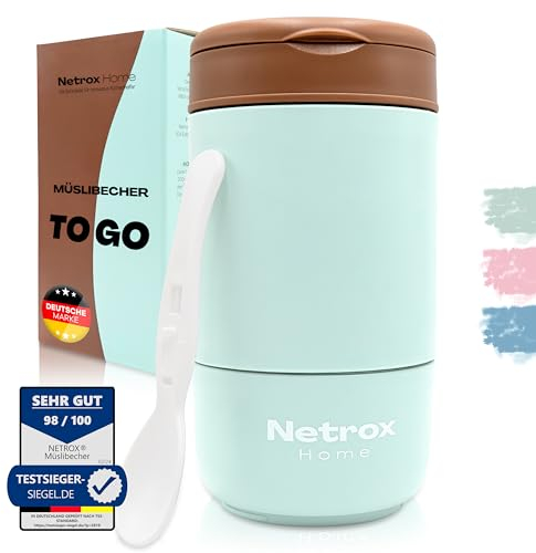 Netrox - gobelet à emporter - design 2-en-1 avec cuillère - gobelet à yogourt isolé en acier inoxydable pour les céréales I gobelet anti-fuite avec cuillère pour - yaourt, porridge, soupes - enfants