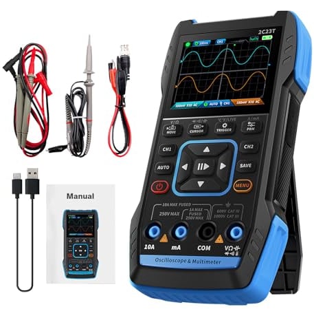 Ailao Oscilloscopio Multimetro Digitale 3 In 1 Oscilloscopio portatile usb Oscilloscopio a 2 canali 10MHz larghezza di banda 50MSa/s frequenza di campionamento 9999 conteggi, con sonda penna.