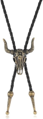 BPTRKOM 1 Stück Ties Krawatte- Leder Halloween Krawatte Cowboy Kuh Schädel Western Cowboy Krawatte Halskette Lariat Halskette Schwarz Leder Rodeo Anhänger für Damen und Herren(Kupfer)