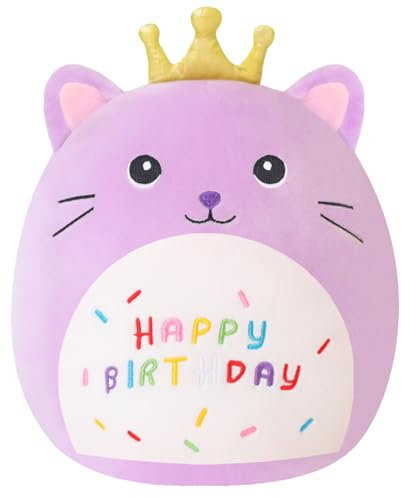 Xfrog Happy Birthday Plüschtier, 25CM Violett Kuscheltier Katze mit Goldkrone, Cartoon Plüschkissen, Geburtstag Geschenk für Kinder Jungen Mädchen