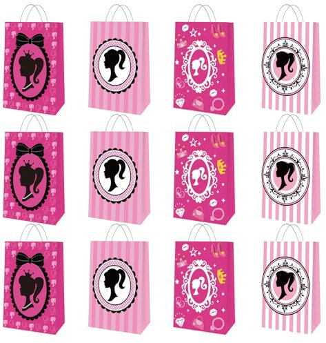 12 Pezzi Sacchetti Regalo con Manici, Sacchetti da Regalo, Princess Sacchetti Regalo Carta, Rosa Sacchetti per Caramelle, Bustine Regalo Festa Bambini per Feste di Compleanni