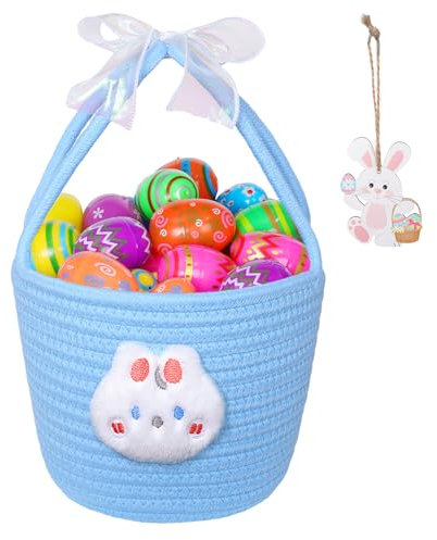 Cesta Pascua para Niños, Cestas de Conejito Huevos Pascua Bolsas Regalo de Pascua Niñas para Fiesta de Pascua Decoracion Picnic de Primavera (Cesta azul + conejito blanco)