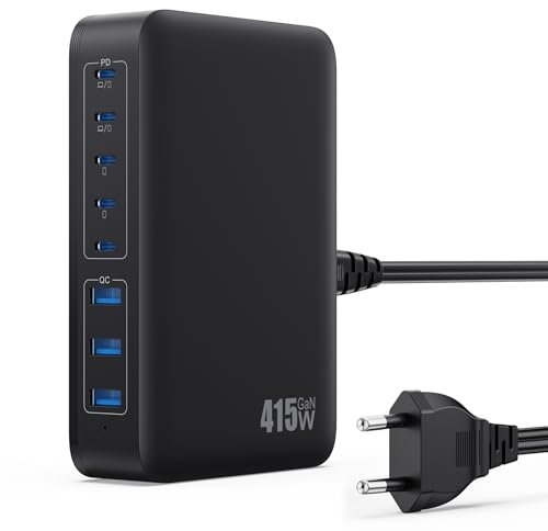 415W Caricatore USB C Multiplo, GaN Ⅳ 8 Port Caricabatterie Tipo C con Doppio PD 100W PPS QC Alimentatore Multipla Stazione di Ricarica Presa USB per MacBook Air/Pro Laptop iPhone iPad Samsung-Nero