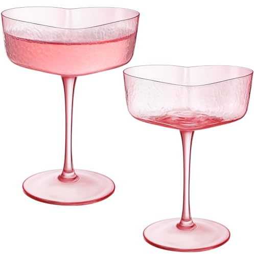 Singhoow 2 Pcs Valentine's Day Heart Shaped Goblet 20 oz Pink Martini Glasses Cocktail Cups for Wedding Anniversary