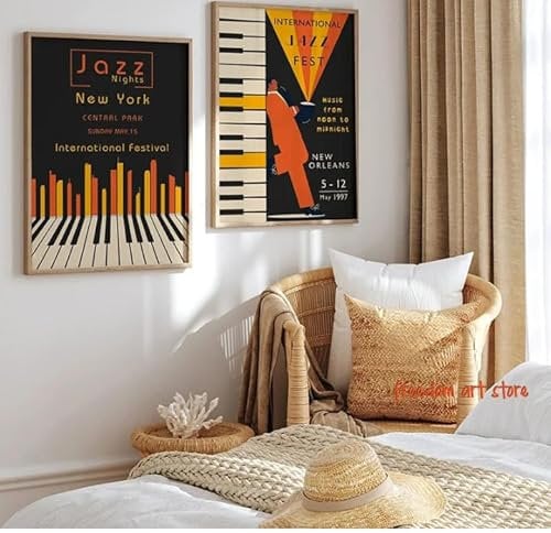 Vintage Jazz Festival Musikinstrumente Klavier Saxophon Kunst Poster Leinwand Malerei Wanddrucke Bild Für Raumdekoration Wanddekor 50 X 70Cmx2