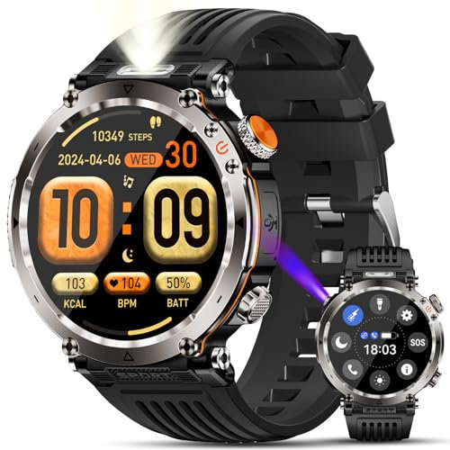 Smartwatch Uomo con Torcia LED/Luce UV/Bussola/600mAh, 1,7''Salute Orologio Militare con ๐li๐๐mi๐/Pressione Sanguigna/Sonno/SPO2/Cardiofrequenzimetro,110+Modalitร Sportive, IP68, per Android e iOS