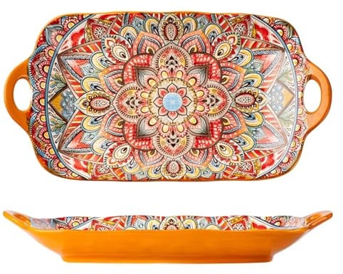 XYUERU Polish Style Lasagna Baking Dish, Ceramic Oven Dish with Dual Handles, Flower Print Non Slip Washable Casserole Dishes for Oven Home Accessory(Orange)