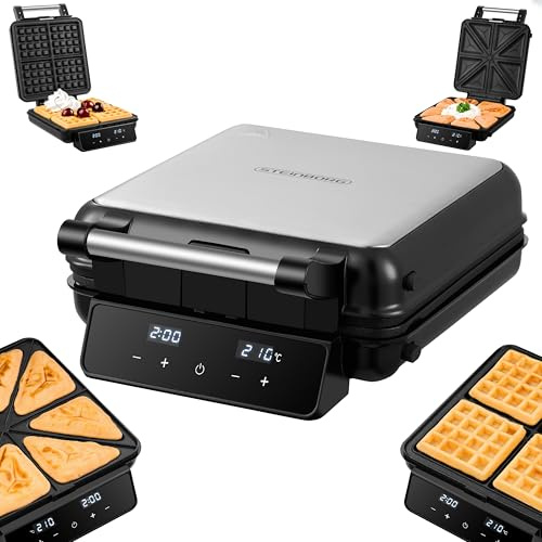 Steinborg® Gaufrier et sandwich 2 en 1 - Gaufrier belge électrique avec panneau tactile et écran LED - Plaques antiadhésives amovibles et passe au lave-vaisselle - Pour gaufres et sandwichs