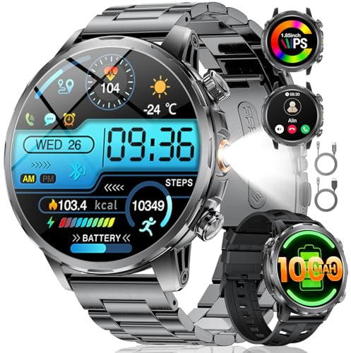 HIRREO Smart Watch for Men Answer/Make Calls 1000mAh Big Battery 1.85 HD Large Round Dial Male Smartwatch for iOS Android Fitness Tracker,Flashlight,Heart Rate/Sleep/Monitor,100+ Sports Modes,Blue