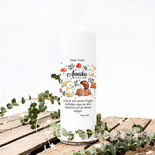 Taufkerze Kerze zur Taufe oder Geburt Kommunionkerze Waldtiere Pilze mit Spruch Wunschname & Datum wk46 ilka parey wandtattoo-welt®