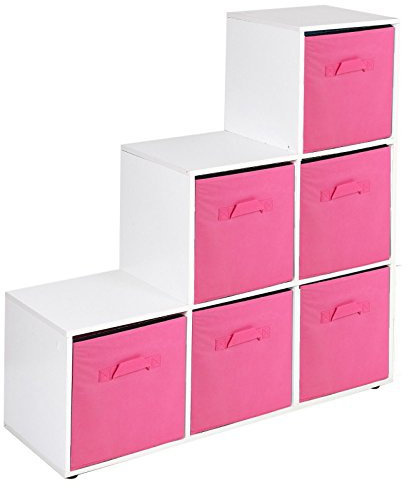 URBNLIVING Estantería de 6 cubos en forma de escalera con 6 cajones, Dark Pink Drawers, White 6 Cubes