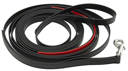 LENNIE BioThane Schleppleine mit Schlaufen für Hunde 10-25 kg, 13 mm, 5m, Schwarz mit Rot, genäht, Kurzführer, Handschlaufe