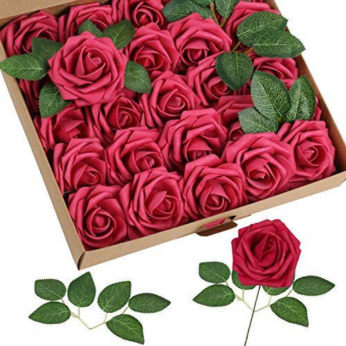 Homcomodar Dunkelrot Künstliche Rose 30Pc Künstliche Blume Gefälschte Rosen für Die Hochzeit(Dunkelrot)