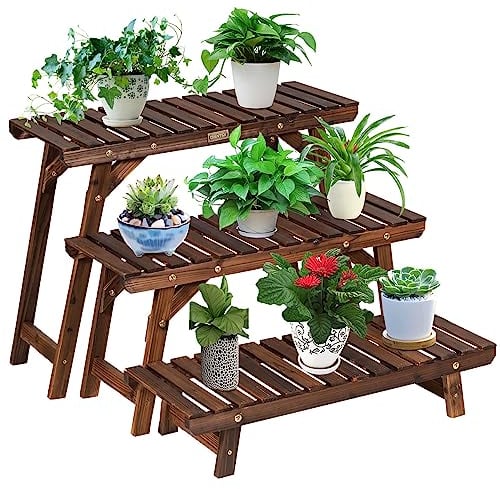 COSTWAY 3tlg. Blumenständer Holz Pflanzenregal Blumenregal, Blumentreppe Garten, Pflanzentreppe freistehend, Holzregal mehrstöckig