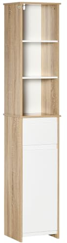 kleankin Meuble Colonne Salle de Bain 3 Niches Blanc Aspect Chêne Clair | Rangement, Style Cosy, Tiroir, Placard avec Étagère