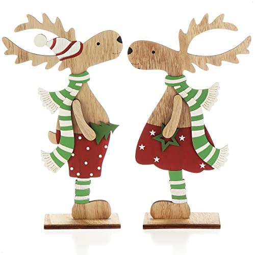 com-four® 2X Dekorativer Aufsteller für Weihnachten - Rentier aus Holz zum Hinstellen - Christmas Aufsteller zum Dekorieren und Verschenken (XXL Rentier - rot + grün)