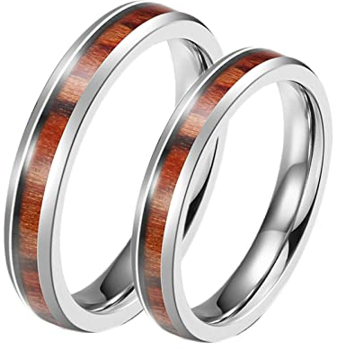 Bishilin Partner Ringe, Silber Ringe 4MM mit Holz Damen Gr.60 (19.1) + Herren Gr.65 (20.7), Verlobungsringe Edelstahl Paar Ringe Set