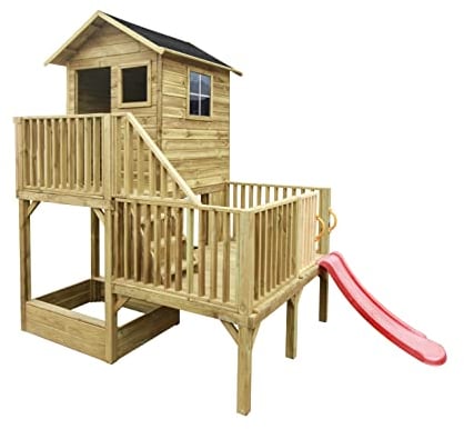 4IQ Spielhaus Kinder Outdoor mit Rutsche - Holz Stelzenhaus Garten Modularer Aufbau für Draußen - Gartenhaus Kinder Aus Imprägniertem Kiefernholz