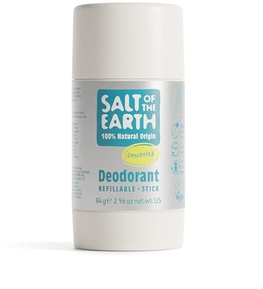 Salt of the Earth - Refillable Natural Deodorant Stick - Unscented - Aluminium Free with Natural Origin Ingredients, Vegan & Long Lasting Protection, UK Made for Men, Women & Kids - 84g