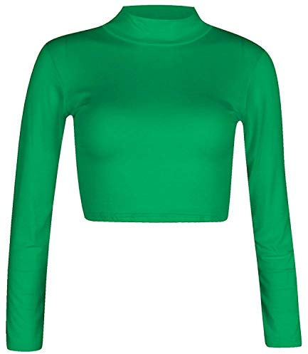 WearAll New Womens Turtle Neck Crop Ladies Long Sleeve Plain Polo Short Stretch Top Jade Green 12/14