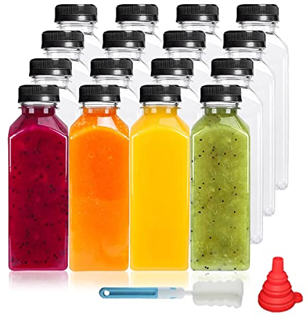 YBCPACK 16 Pack 350 ml Clear Plastic Juice Bottles with Lids for Mini Fridge, 12 oz Empty Reusable Drink Containers for Smoothie, Milk, Juicing, and Other Drinkings.