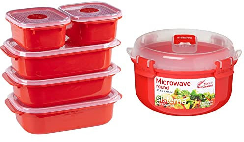 Décor Microsafe Oblong Set 5 pack | 2 x 375ml, 3 x 900ml Microwave Containers & Sistema Microwave Round Bowl - Microwave Food Container - 915 ml - BPA-Free - Red/Clear