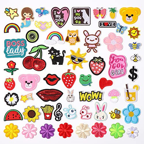 Diboniur 60 Piezas Parches Termoadhesivos Bordados para Ropa de Niños, Pegatinas y Apliques de Costura para Camiseta Bolsas Sombrero Jeans O DIY Coser