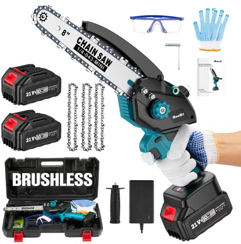 Seesii Mini Tronçonneuse à Batterie 8000mAh Brushless, 6 Pouces Tronçonneuse Électrique sans Fil, Tronconneuse Electrique avec Injecteur de Lubrifiant et Bouton d'Églage de la Tension de la Chaîne