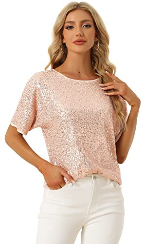 Allegra K Damen Festliches Oberteil Pailletten Oberteile Kurzarm Rund Halsausschnitt Party Glitzer Top Champagner S