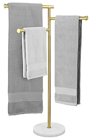KES Or Porte Serviettes sur Pied 3 Barres Porte Serviette Salle de Bain Pivotant Acier Inoxydable 18/8 Barre Torchon Marbre Support Or Brossé, BTH219-BZ