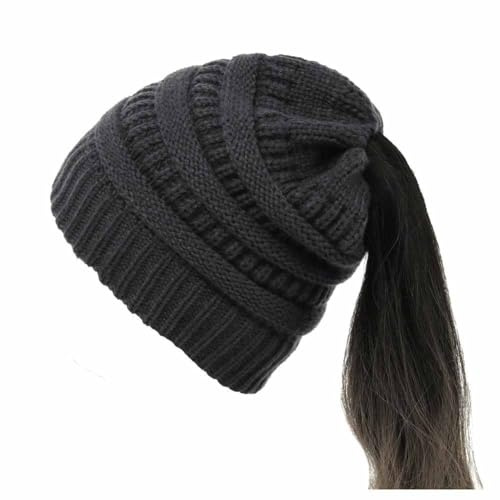 SHTGOI Pferdeschwanz Mütze Wolle Strickmütze Weiche Stretch Wintermütze mit Loop Zöpfen Loch Slouch Beanie Mütze Grobstrick Häkelmütze Warme Hut für Damen und Mädchen mit Langen Haaren Dunkelgrau