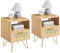 Yaheetech Lot de 2 Tables de Chevet Scandinave, Table de Nuit en Bois, 1 Tiroir en Rotin, 1 Compartiment Ouvert et Pieds Métalliques, Table d'Appoint pour Salon 40 × 40 × 55 cm Brun Clair