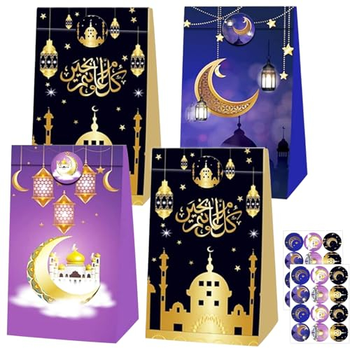 Eid Mubarak Geschenktüten, 12 Stück Muslim Ramadan Partytüten mit Aufkleber, Eid Mubarak Süßigkeiten Tasche, Kraftpapier Tüten Kinder Geschenk für Gurban Party Dekorationen (A)