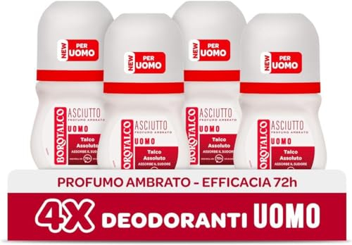Borotalco, Deodorant für Herren, Roll-On Trocken Bernstein, mit absolutem Talkum, absorbiert Schweiß, ohne Alkohol, bernsteinfarbener Duft, 72h Wirksamkeit - 4 Stück à 50 ml - Exklusiv von Amazon
