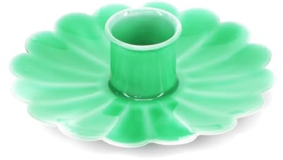 Flacher Kerzenhalter Blume aus Emaille Grün Vintage-Look Metall Kerzenständer für Kerzen mit Ø bis zu 2 cm