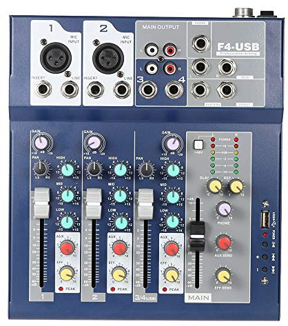 DTADYUO Mixer DJ Mixer F4 Quattro Canali Piccolo con Effetto Interfaccia USB Rete Karaoke Anchor Supporto Mixer 4 Canali Scheda USB/SD Blu Connessione Bluetooth Wireless Console di Mixing Compatta