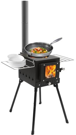 Estufa portátil de leña, estufa de camping con patas plegables y chimenea, para camping, barbacoa, pícnic, mochila al aire libre, color negro.
