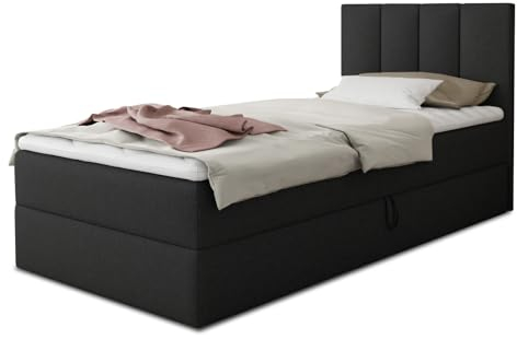 Boxspringbett Star Mini mit Bettkasten, Bonell-Matratze und Topper - Einzelbett mit Matratzentopper, Polsterbett, Bett, Schlafzimmer, Jugendzimmer (Schwarz (Inari 100), 90 x 200 cm)