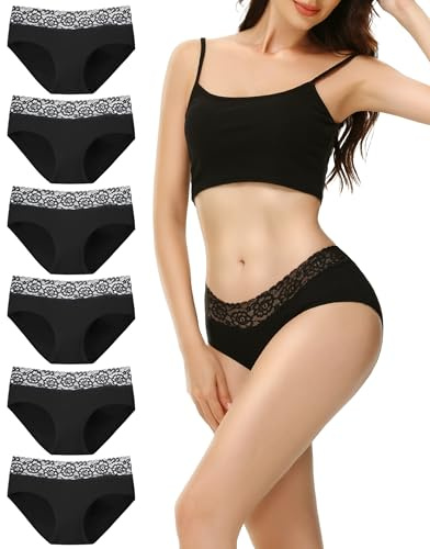 EKSHER Culotte Femme Coton Lot de 6 Sexy Slip en Dentelle Taille Midi Hipster sous-vêtement Shorties Doux Noir XS