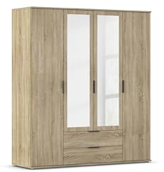 Rauch Möbel Essea, Drehtürenschrank, Kleiderschrank, Garderobe, Schrank mit Stauraum, 4-türig, 2 Spiegeltüren, 2 Schubladen, Spiegel/Glas teilaufgelegt, Farbe Eiche Sonoma, Holz, 168x188x52cm