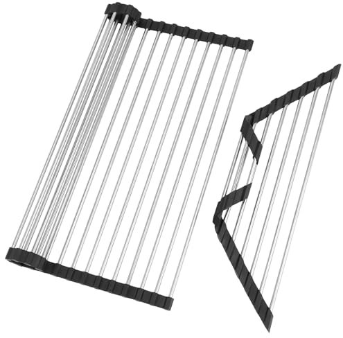 SAN LIKE Geschirr Trockengestell, Abtropfgestell 43 x 35 cm + Dreieckiges Faltbares Gestell, Abtropfgitter Spüle zum Aufrollen 18 Rohre, Edelstahl, für Tassen, Obst, Gemüse