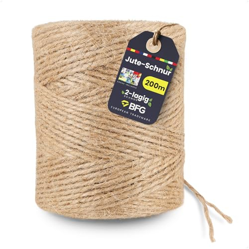 BFG Jute-Schnur 200m 2mm - Reißfeste 2-lagiges Juteschnur, Gartenschnur mit Naturfaser für Pflanzen und Dekorationen, Braun Paketschnur, Jutegarn für Verpackung und Handwerk