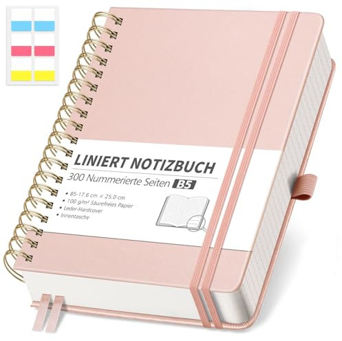RETTACY Notizbuch B5 Liniert, Bullet Journal mit 100 g/m² Dickem Papier, 150 Blatt/300 Nummerierten Seiten, Collegeblock für Büro und Schule, Lederhülle, Roségold, 17.6 cm x 25 cm