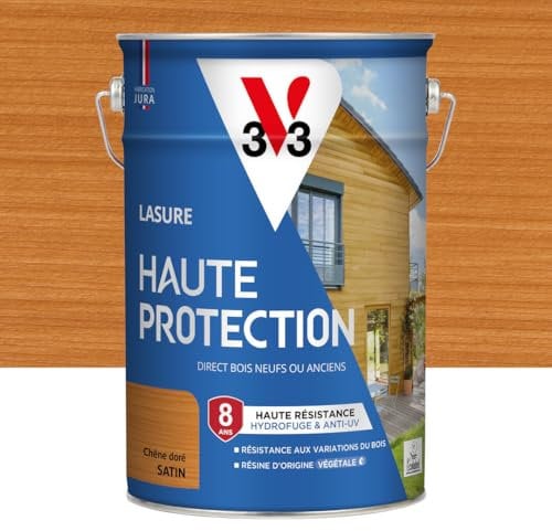 V33 Lasure Bois extérieur Chêne doré satin - Haute Protection 8 ans - Haute résistance hydrofuge et anti-UV - Résiste aux variations du bois - Ecolabel, résine d'origine végétale - 5L