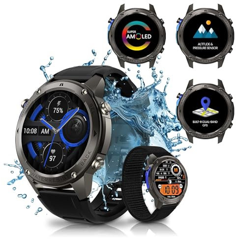 noun-home Orologio da uomo GPS Dual Band 5ATM Altimetro Sport Chiamata Bluetooth AMOLED, 2 Braccialetti 500mAh Assistente Vocale, IP69K Lega di Zinco Monitor di Salute (Outdoor, Black)