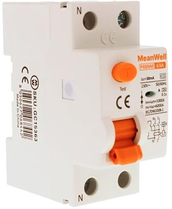 MeanWell Interrupteur Différentiel 30mA, Type A 1P+N 6000A 30mA, 2 modules DIN, Residual Current Circuit Breaker, RCCB 1P+N 63A